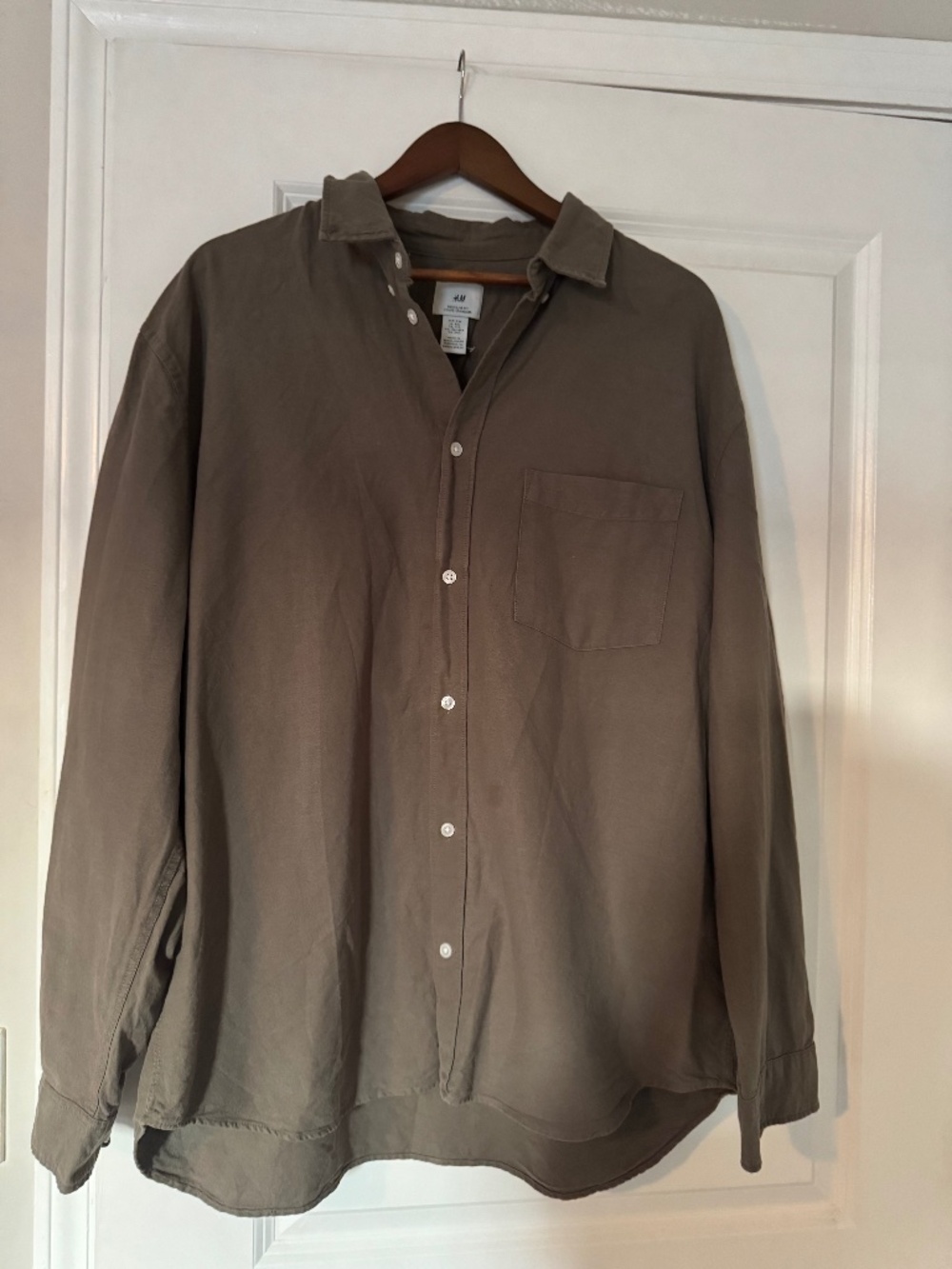 H&M Men's Regular Fit 100% Cotton Long Sleeve Shirt Olive Khaki Green XXL
